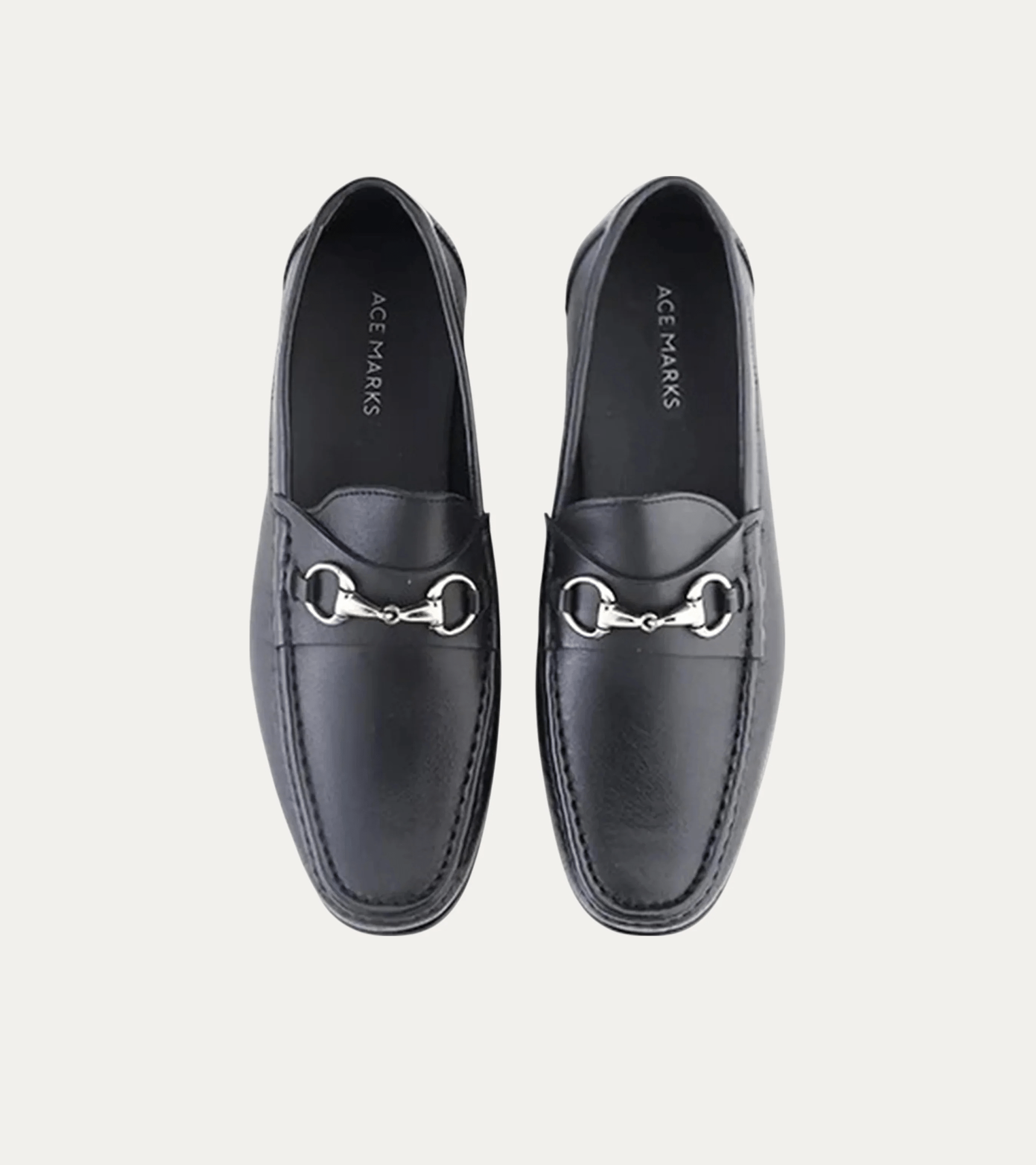 Men's black leather moccasin loafers with silver metal bit