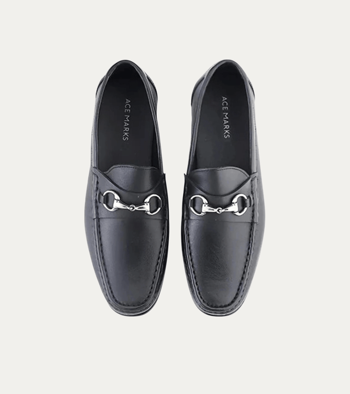 Men's black leather moccasin loafers with silver metal bit