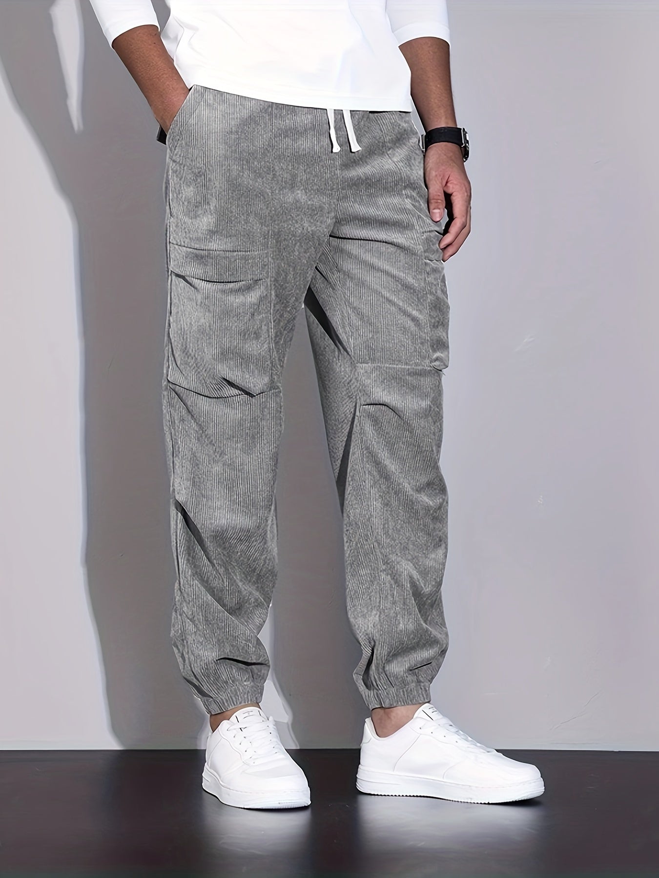 Men's corduroy cargo trousers with drawstring waist and cuffed hems