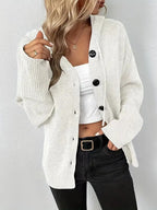 Women's hooded knitted cardigan with button front, long sleeves and ribbed cuffs