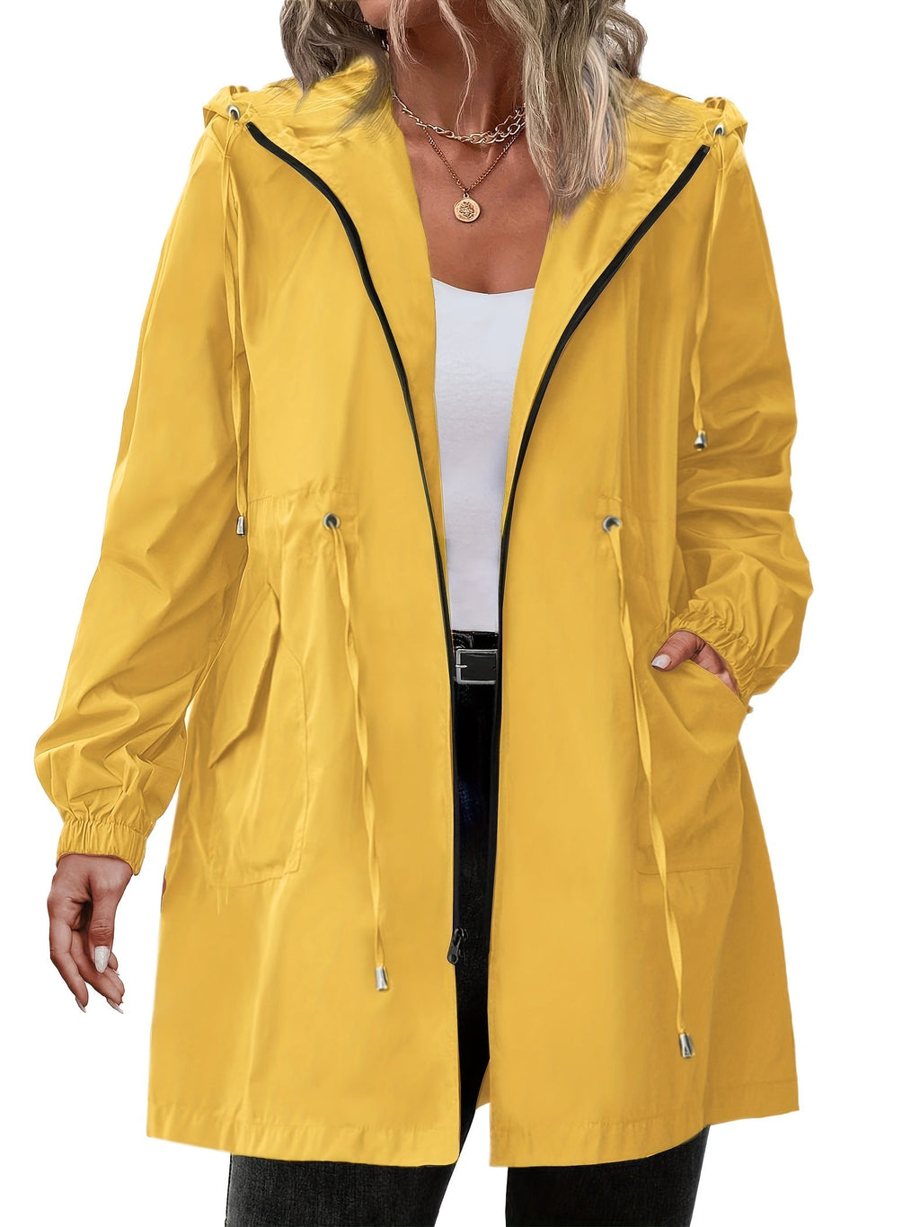 Women's longline hooded raincoat with zip front and drawstring waist