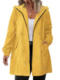 Women's longline hooded raincoat with zip front and drawstring waist