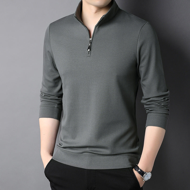 Men's plain long-sleeved quarter-zip sweater with a raised mock neck