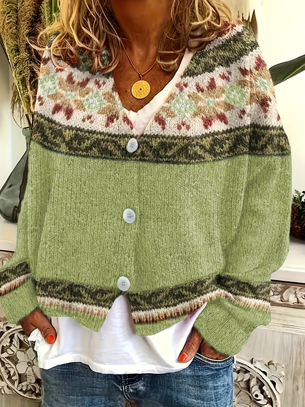 Women's geometric knit cardigan with V-neck, buttons and long sleeves