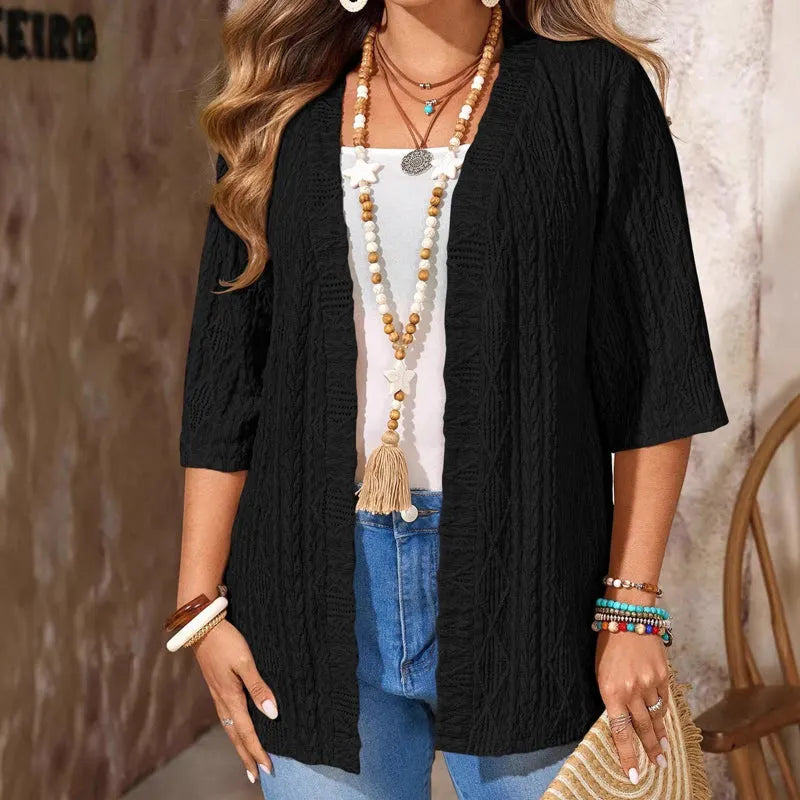 Women's open front textured cardigan with three-quarter sleeves