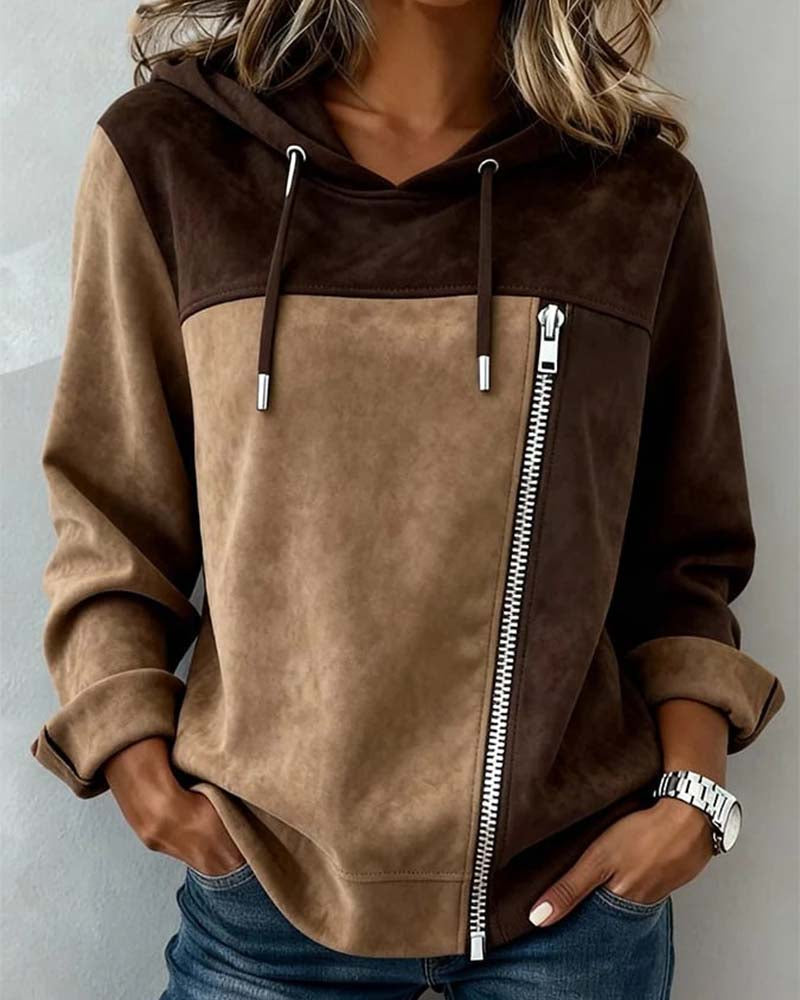 Women's brown colour block hoodie with drawstring hood and diagonal zip