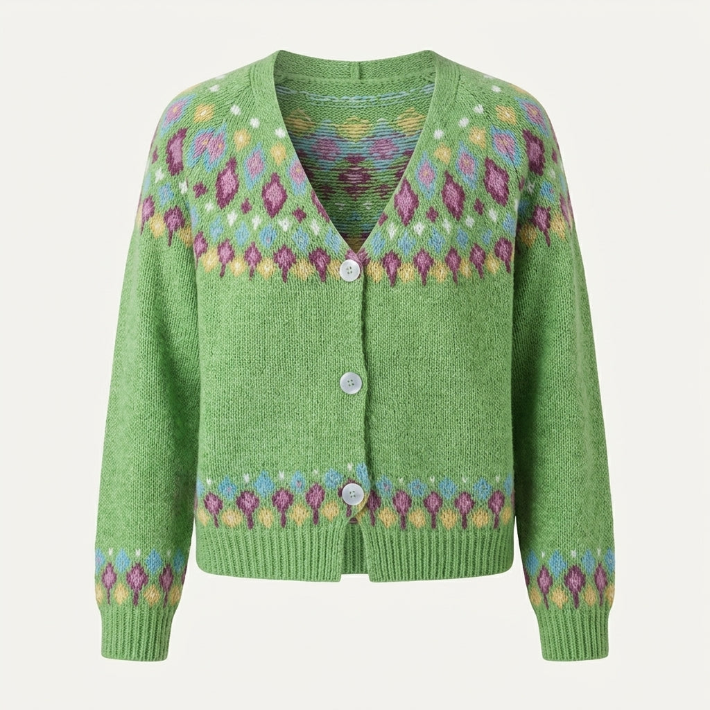 Women's multicoloured knitted cardigan with floral pattern bands and button front