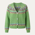Women's multicoloured knitted cardigan with floral pattern bands and button front