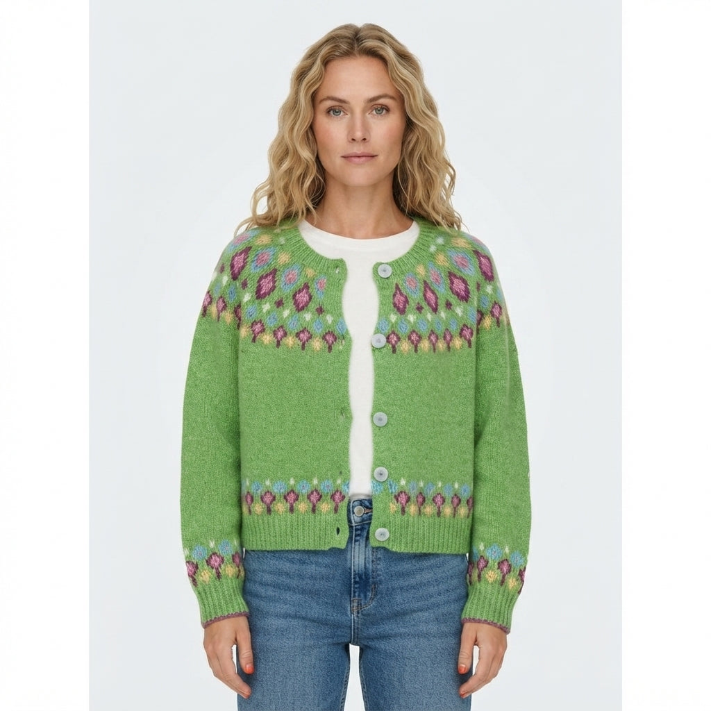 Women's multicoloured knitted cardigan with floral pattern bands and button front