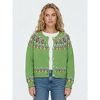 Women's multicoloured knitted cardigan with floral pattern bands and button front