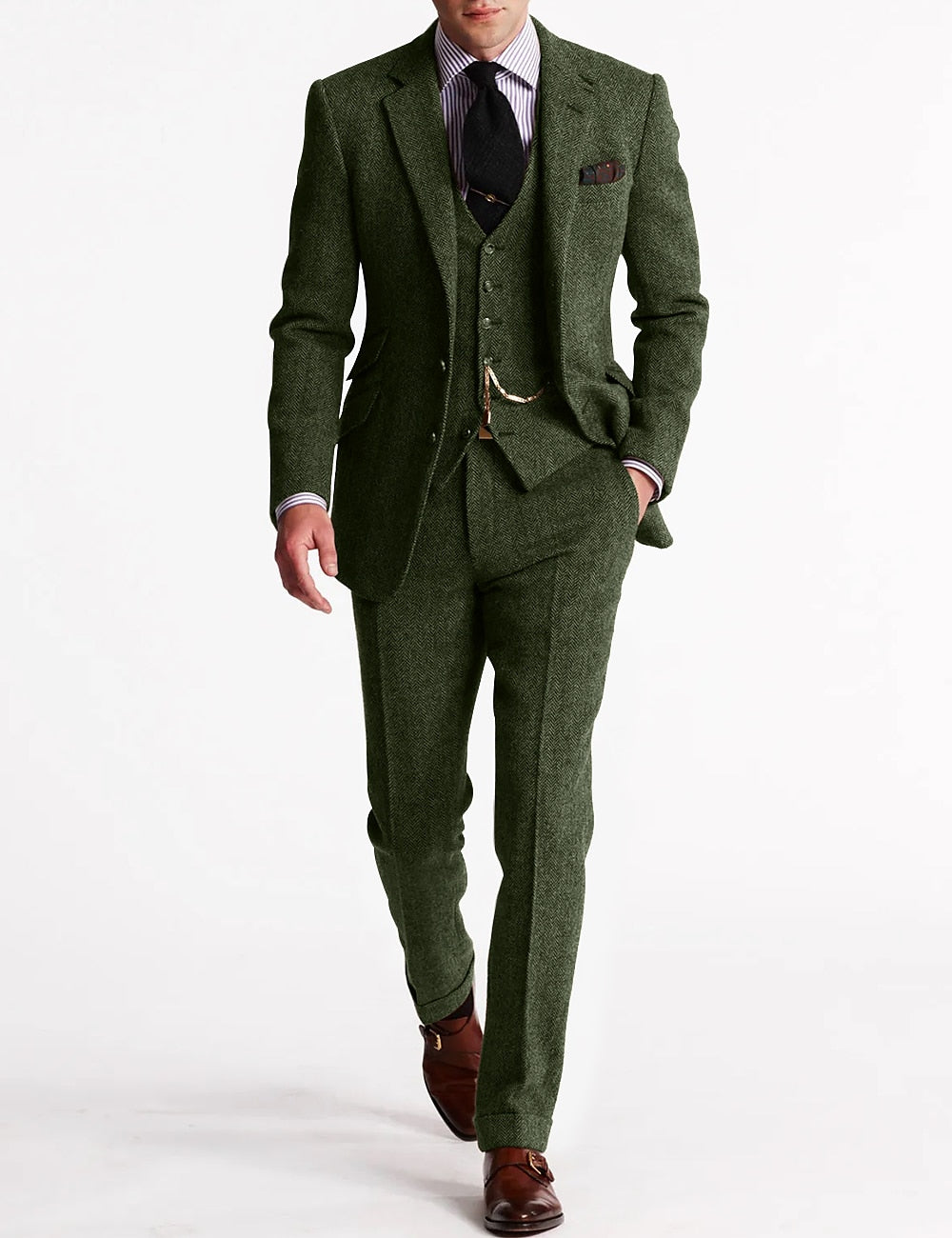 Men's tailored herringbone three-piece suit with jacket, waistcoat and trousers