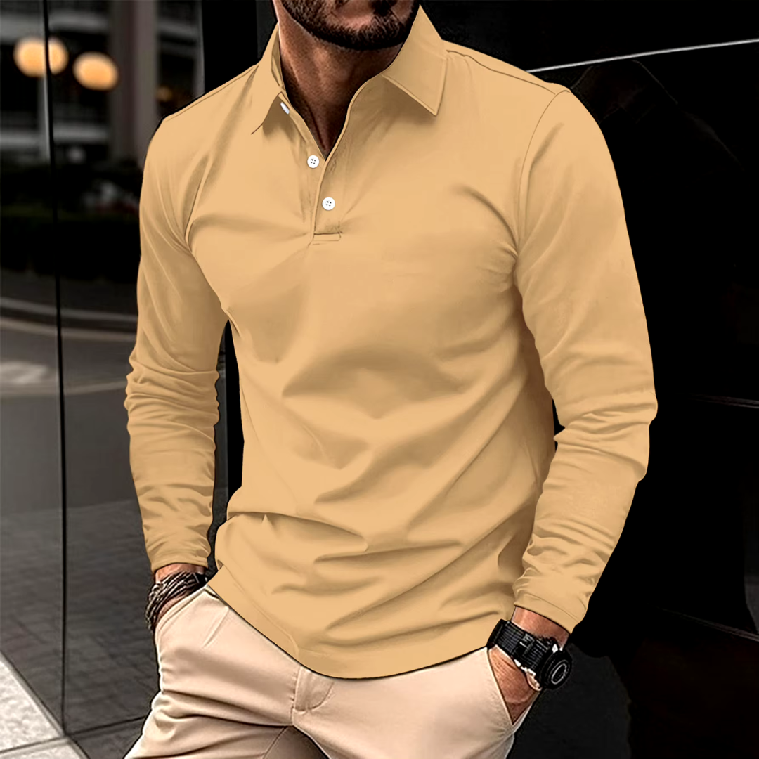 Men's long sleeve polo shirt with collar and button placket