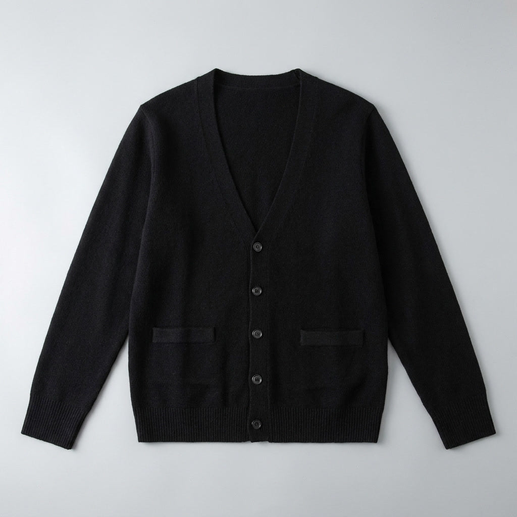 Men's plain V-neck cardigan with buttons, long sleeves and patch pockets