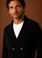 Men's double-breasted knit cardigan with shawl collar and patch pockets