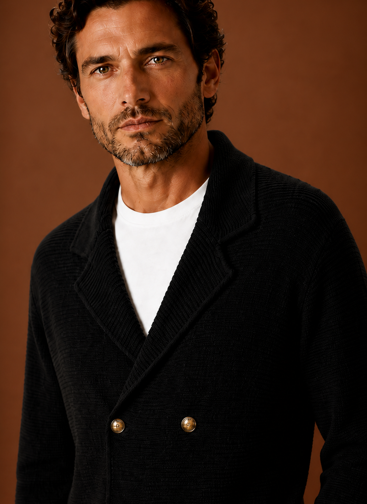 Men's double-breasted knit cardigan with shawl collar and patch pockets