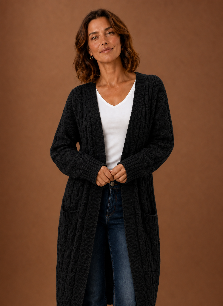 Women's long textured cable knit cardigan with open front and front pockets