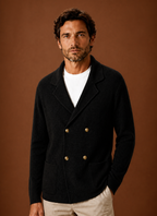 Men's double-breasted knit cardigan with shawl collar and patch pockets