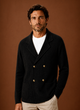 Men's double-breasted knit cardigan with shawl collar and patch pockets