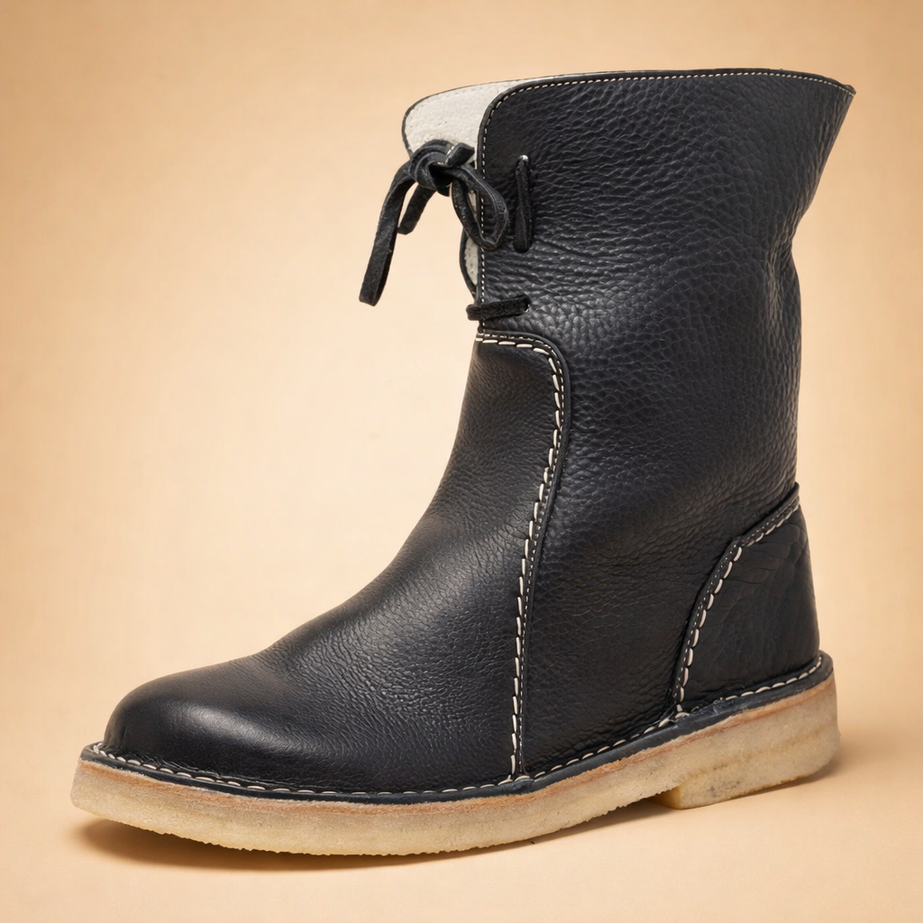 Women's lace-up ankle boots with plush cuff and flat sole