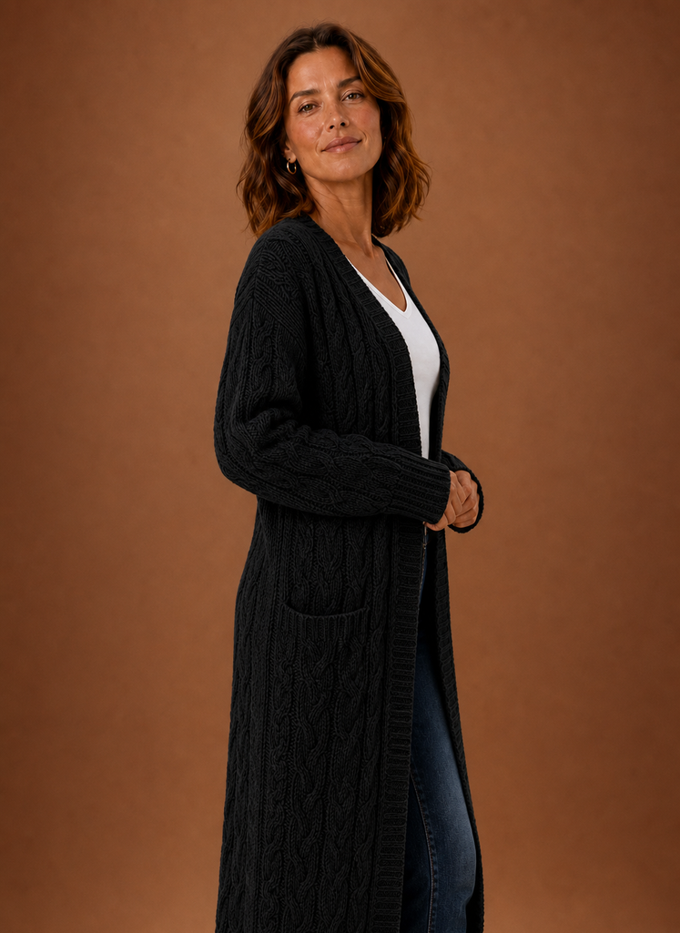 Women's long textured cable knit cardigan with open front and front pockets