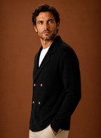 Men's double-breasted knit cardigan with shawl collar and patch pockets