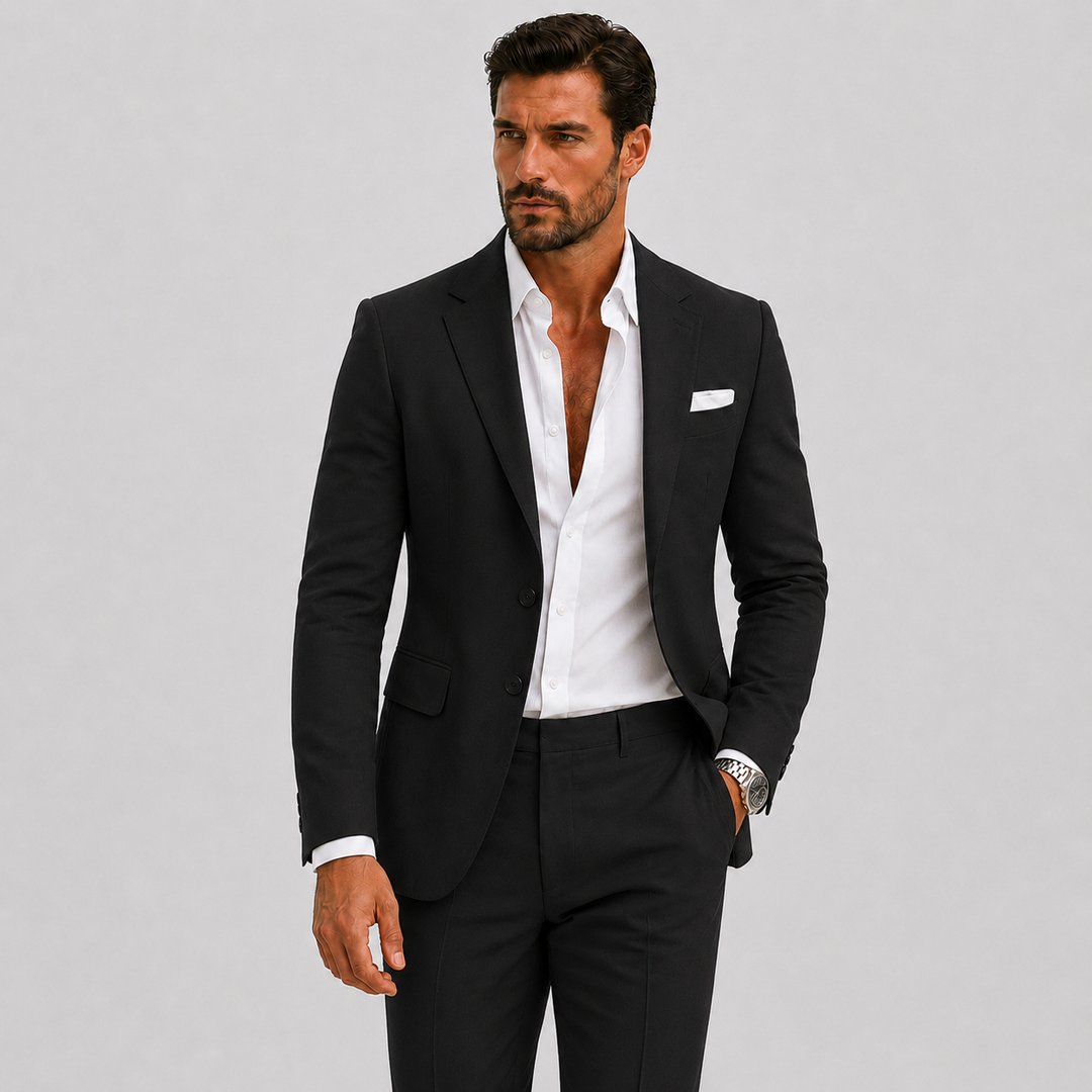 Men's tailored two-piece suit with notched lapels and matching trousers