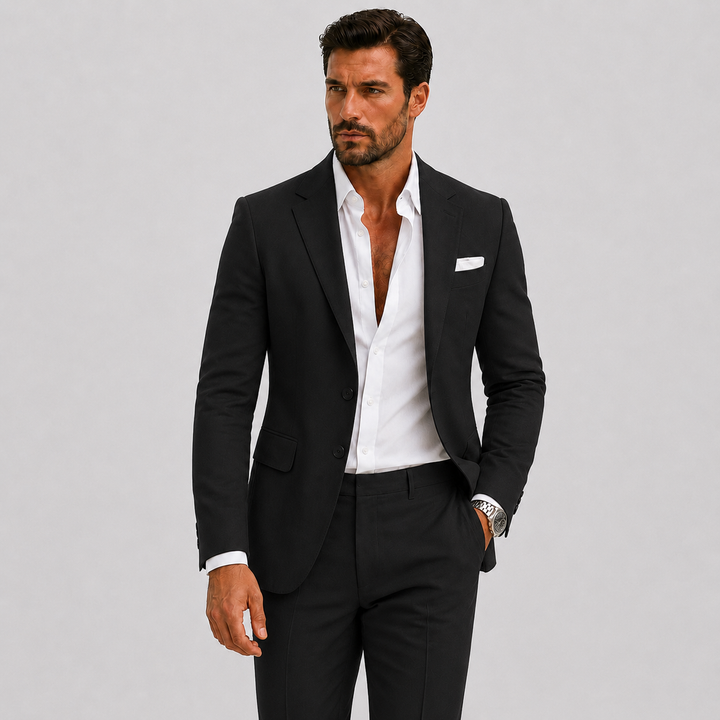 Men's tailored two-piece suit with notched lapels and matching trousers