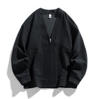 Men's textured knit cardigan with V-neck, zip front and patch pockets