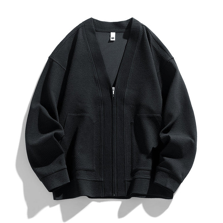 Men's textured knit cardigan with V-neck, zip front and patch pockets