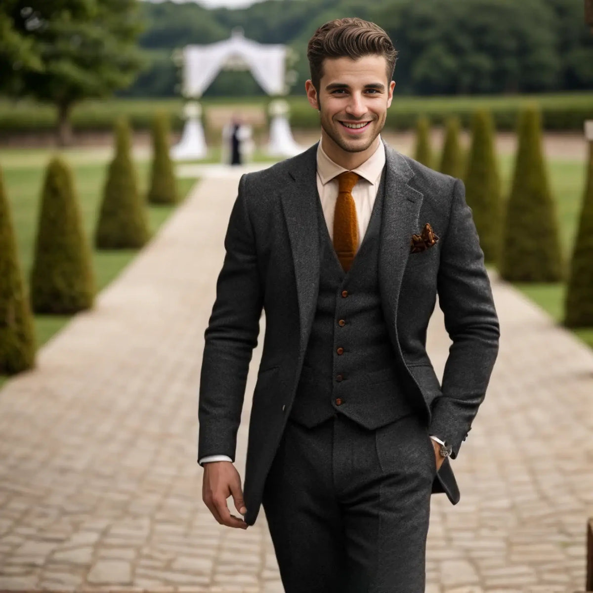 Men's three-piece textured suit with notched jacket, buttoned waistcoat and tailored trousers