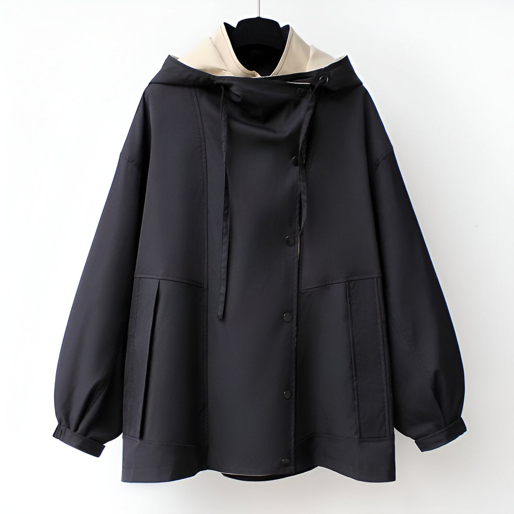 Colorblock hooded windbreaker jacket with long sleeves and front zipper