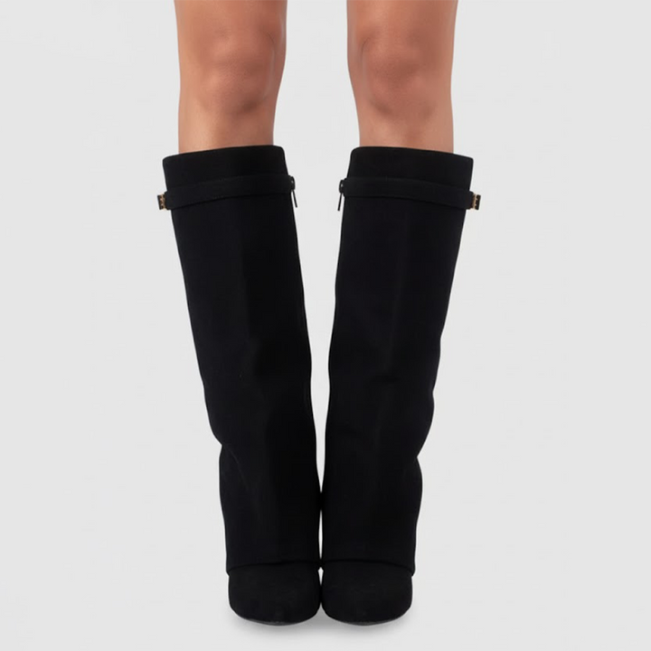 Women's over-the-knee boots with pointed toes, low heels, side zips and buckle strap details