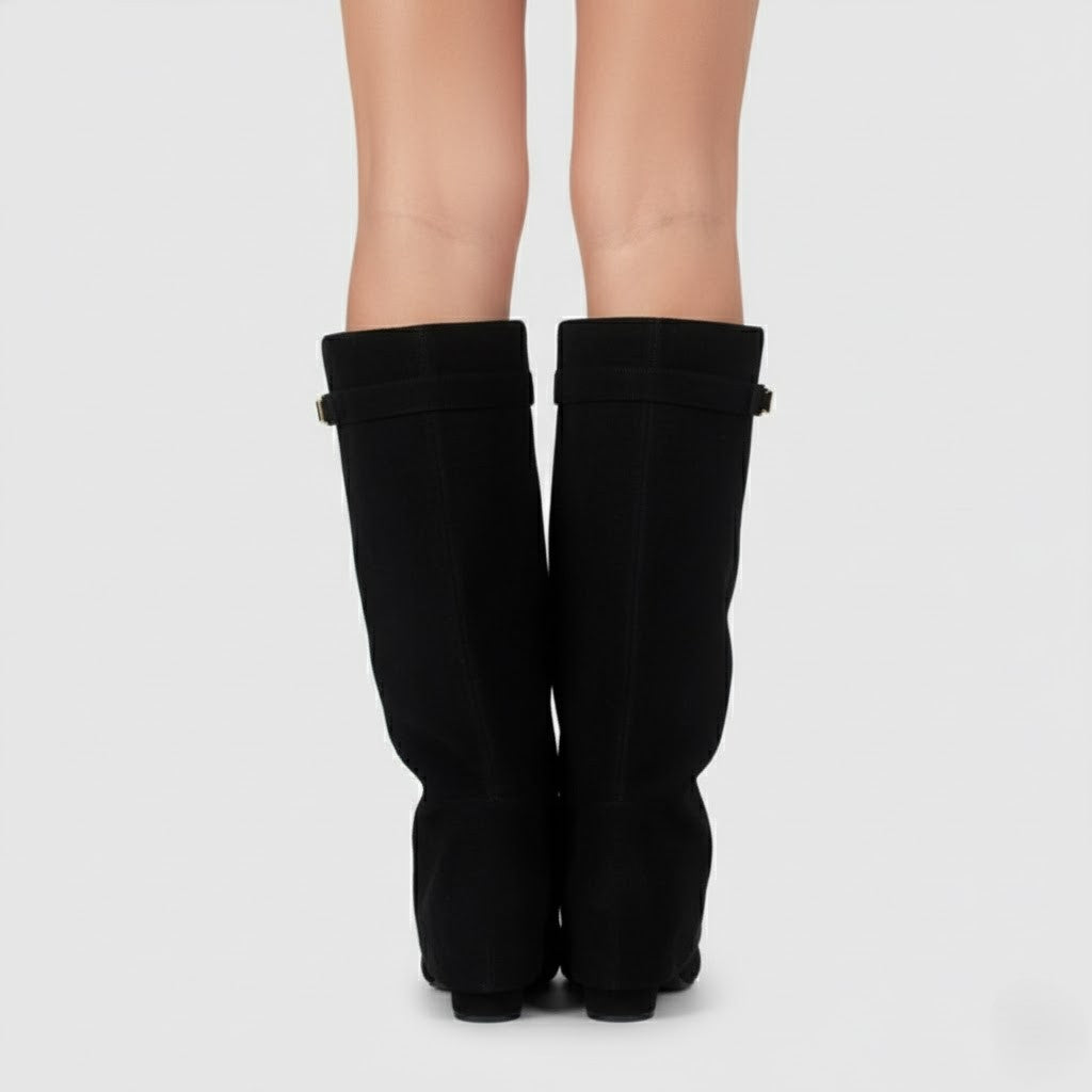 Women's over-the-knee boots with pointed toes, low heels, side zips and buckle strap details