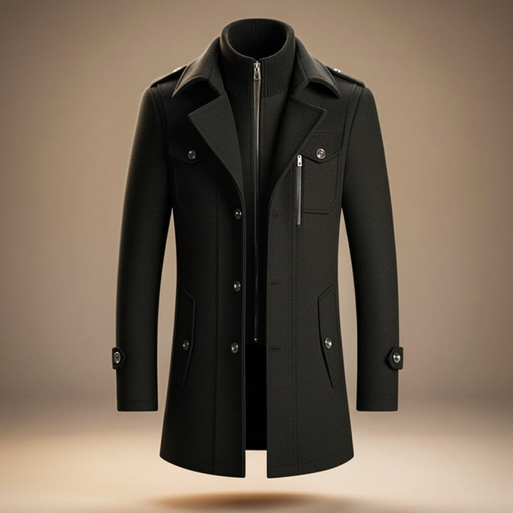 Men's structured long coat with high collar, zip and button front, and multiple pockets