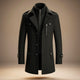 Men's structured long coat with high collar, zip and button front, and multiple pockets