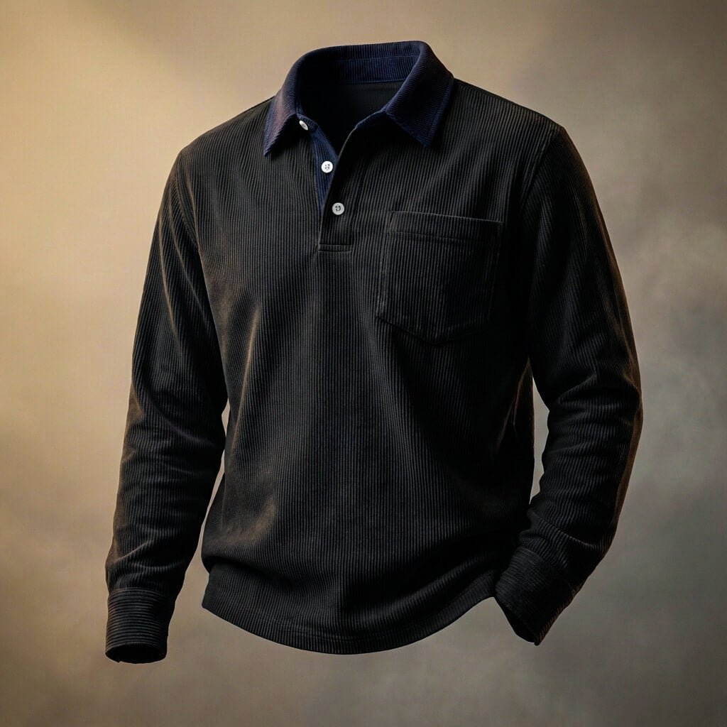Men's long sleeve textured polo shirt with chest pocket