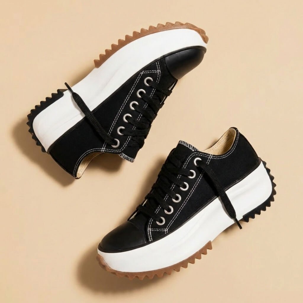 Women's platform sneakers with lace-up fronts, rounded toes and serrated soles