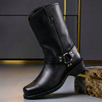 Tall men's biker boot with ankle straps, metal studs and low heel