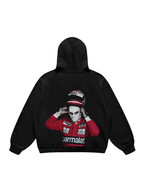 Black hoodie with helmet graphic, hood and kangaroo pocket