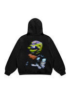 Men's black hoodie with yellow 43 front graphic and blurred racing back print