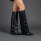 Women's over-the-knee boots with pointed toes, low heels, side zips and buckle strap details