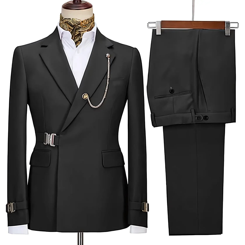 Men's two-piece suit with notched lapels, chain detail, buckle accents and matching trousers