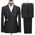 Men's two-piece suit with notched lapels, chain detail, buckle accents and matching trousers