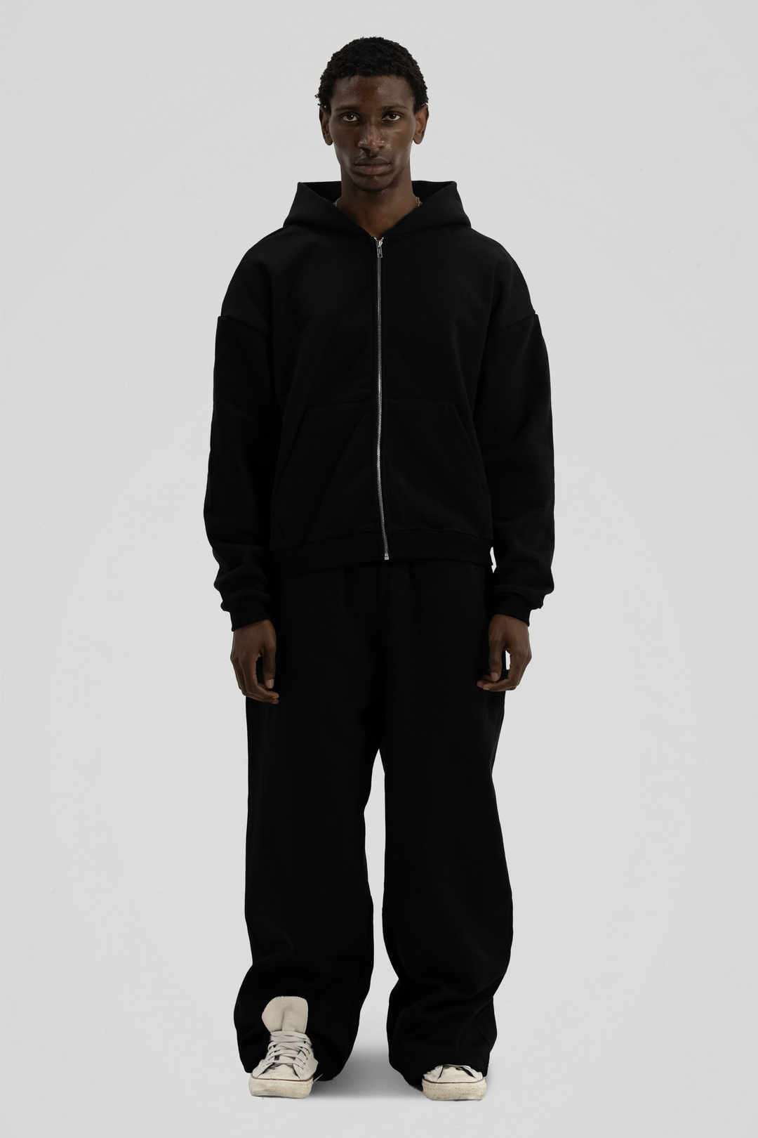 Men's black zip-up hoodie with kangaroo pocket