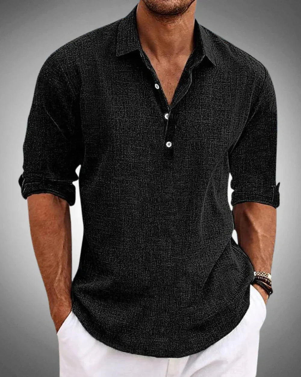 Men's textured shirt with spread collar and rolled sleeves