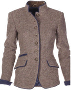 Women's brown button-front jacket with blue contrast edging