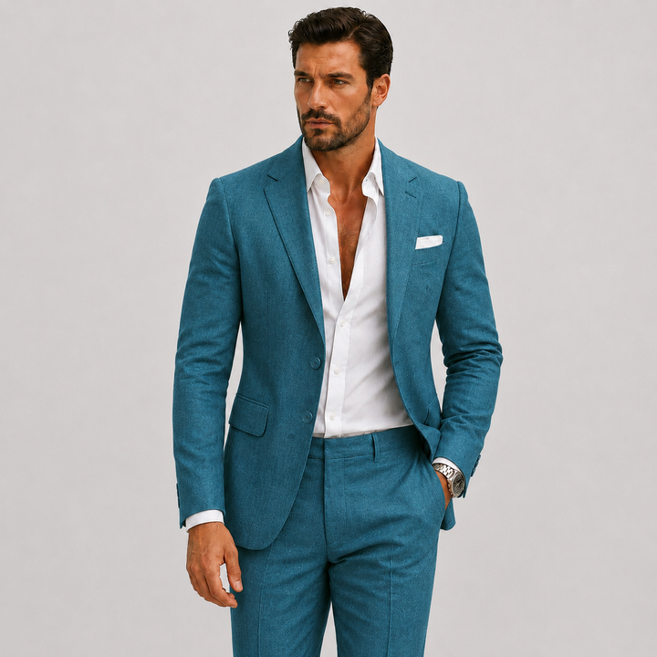 Men's tailored two-piece suit with notched lapels and matching trousers