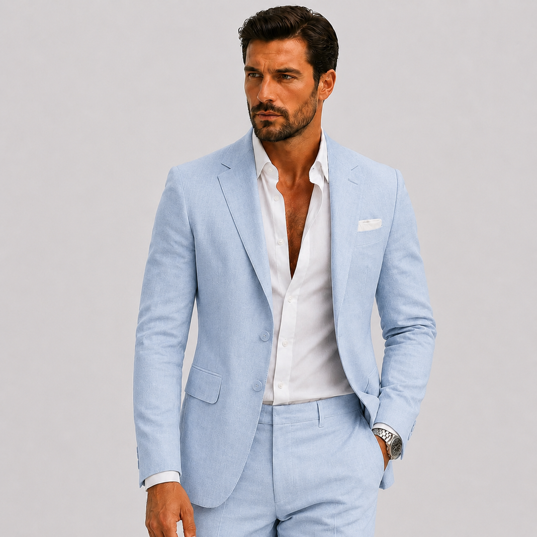 Men's tailored two-piece suit with notched lapels and matching trousers