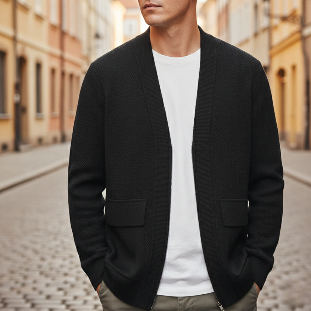 Men's textured knit cardigan with open front and patch pockets