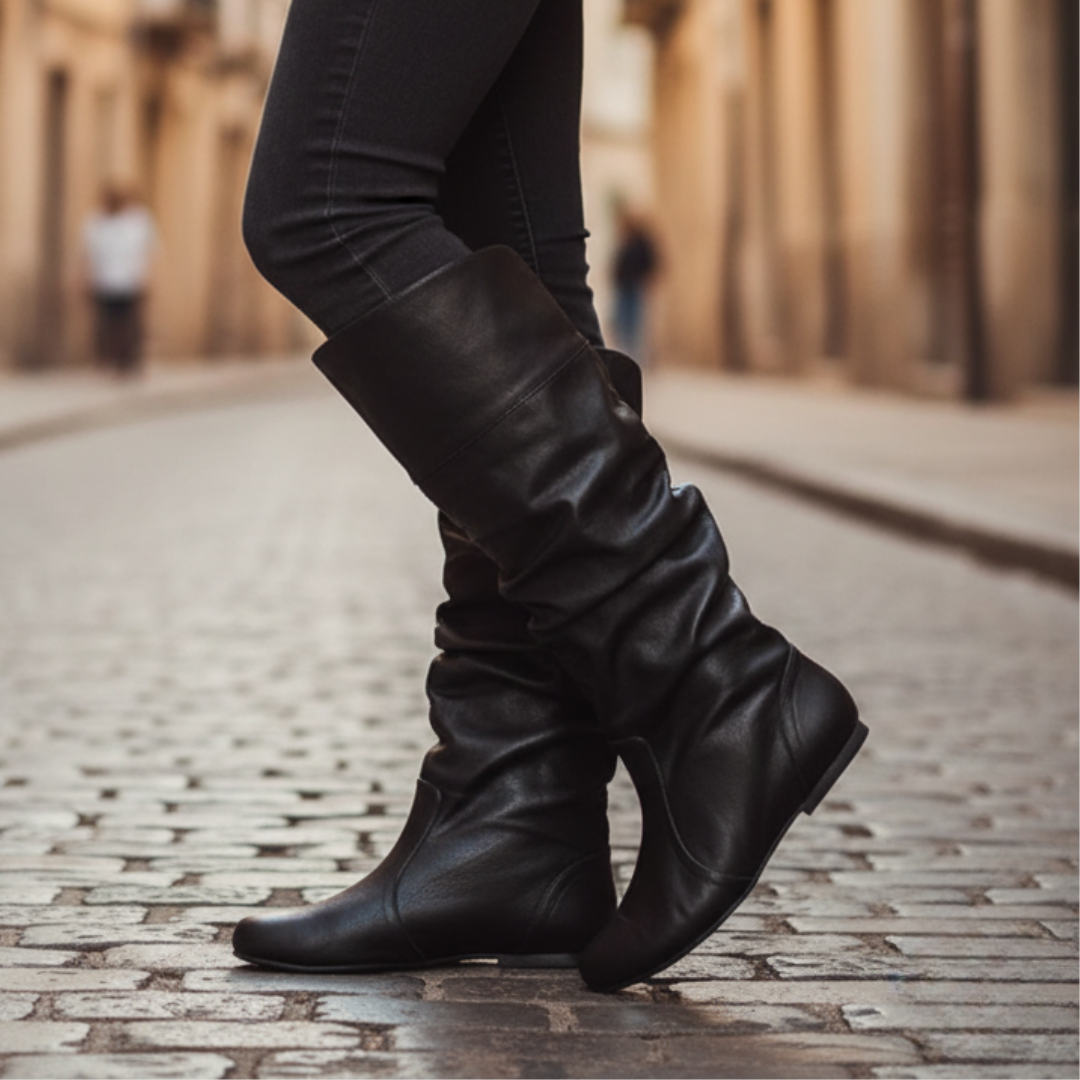 Women's slouch knee-high boots with almond toes and flat soles